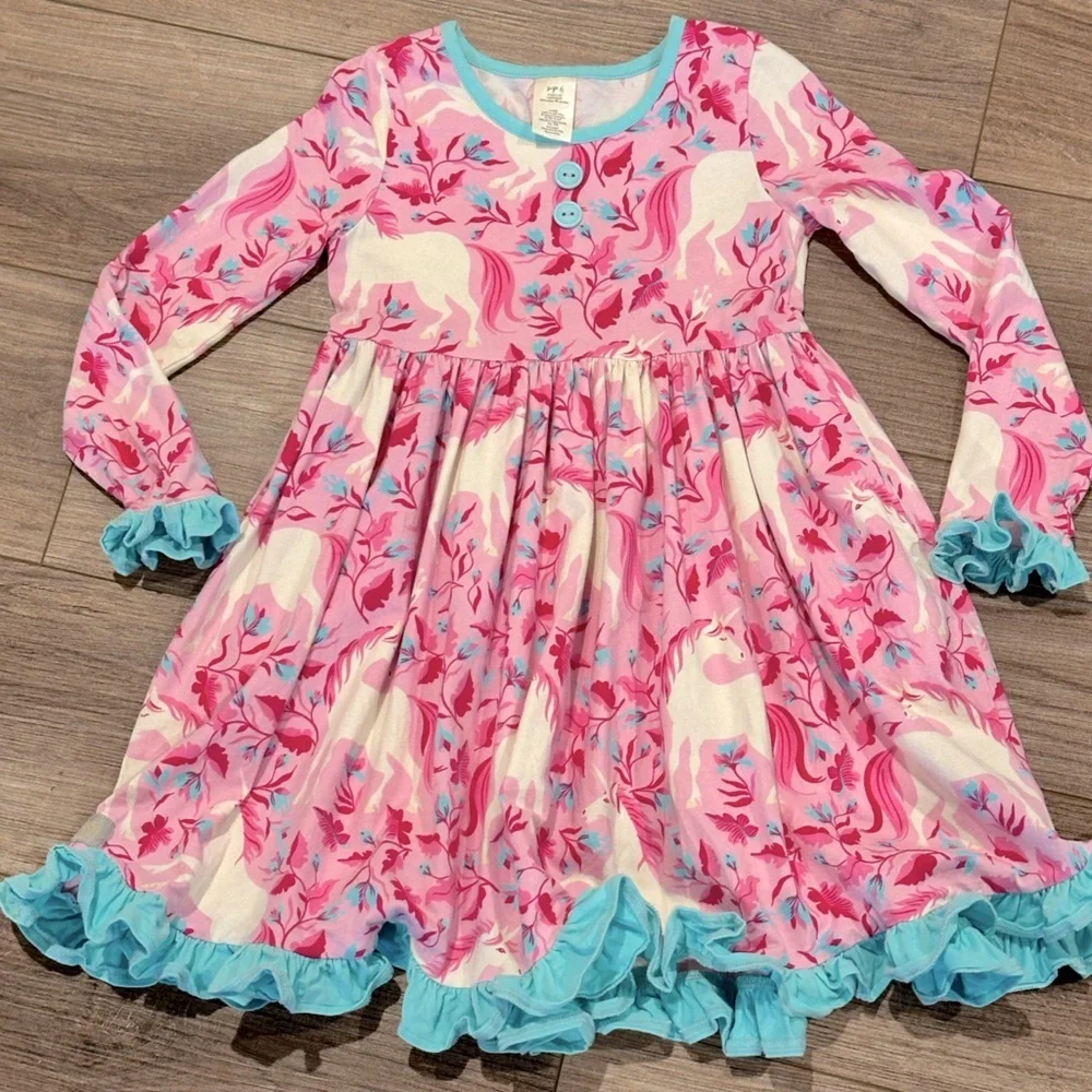 Like New Eleanor Rose 6 Girls Unicorn Pink and Blue Ruffle Dress